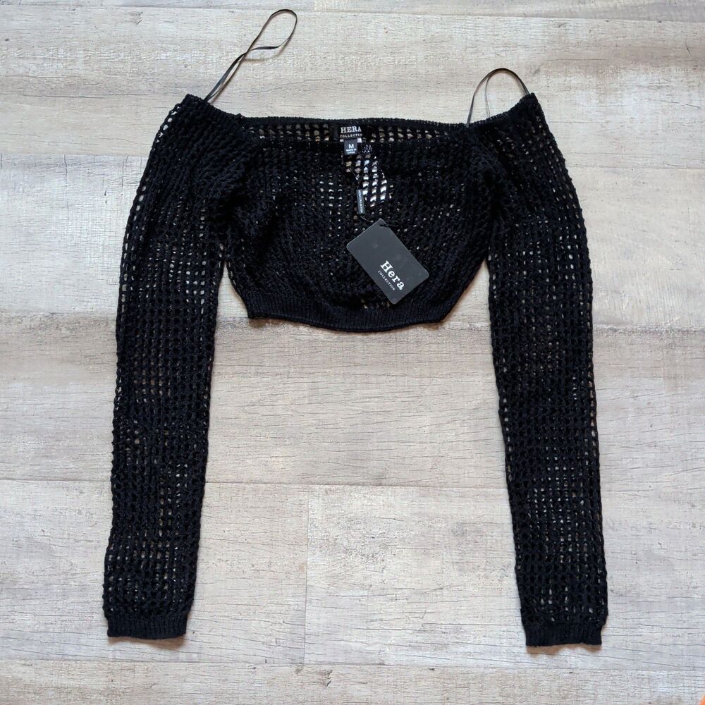 NWT Hera Y2K Style Crop Top Size M Crochet Net Black Open Knit Jumper
